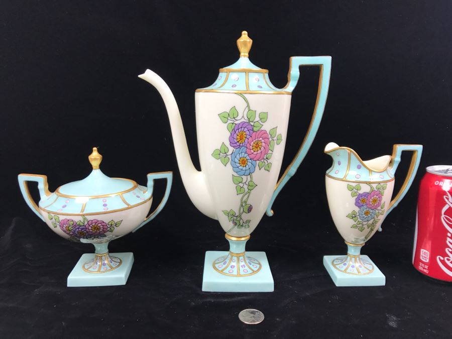 Antique Lenox Green Palette Mark (1906-1924) Coffee Pot With Sugar And Creamer Signed By Artist C.B. White 1929 [Photo 1]