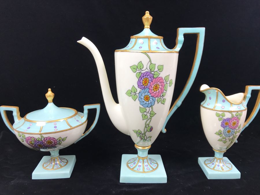 Antique Lenox Green Palette Mark (1906-1924) Coffee Pot With Sugar And Creamer Signed By Artist C.B. White 1929 [Photo 3]