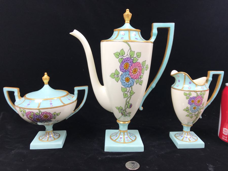 Antique Lenox Green Palette Mark (1906-1924) Coffee Pot With Sugar And Creamer Signed By Artist C.B. White 1929 [Photo 2]