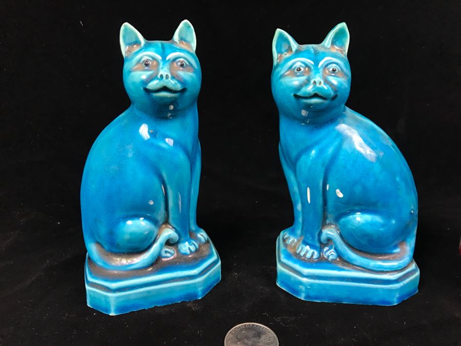 Pair Of Chinese Blue Glaze Cat Figurines [Photo 1]