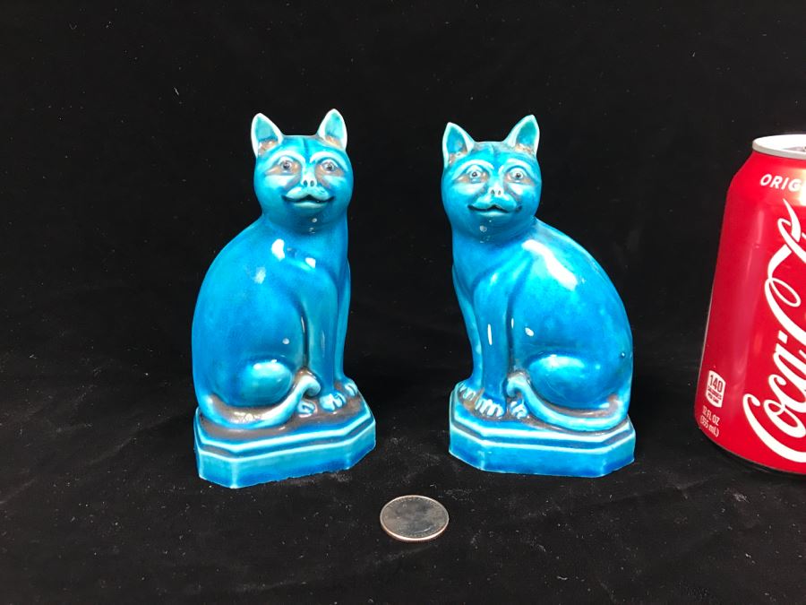 Pair Of Chinese Blue Glaze Cat Figurines [Photo 2]