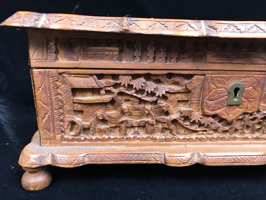 Intricately Relief Carved Wooden Asian Box [Photo 5]
