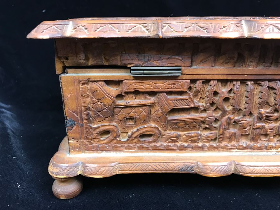Intricately Relief Carved Wooden Asian Box [Photo 18]
