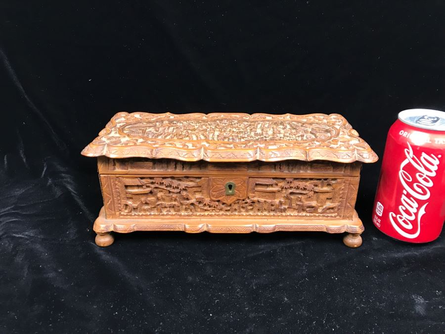 Intricately Relief Carved Wooden Asian Box [Photo 3]