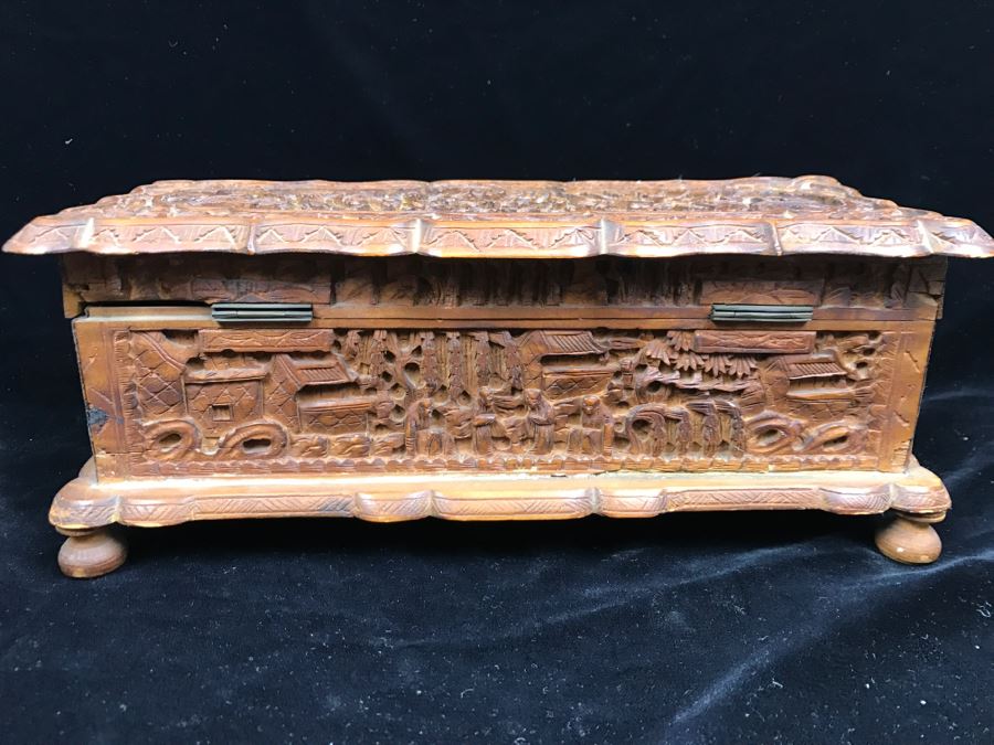 Intricately Relief Carved Wooden Asian Box [Photo 17]