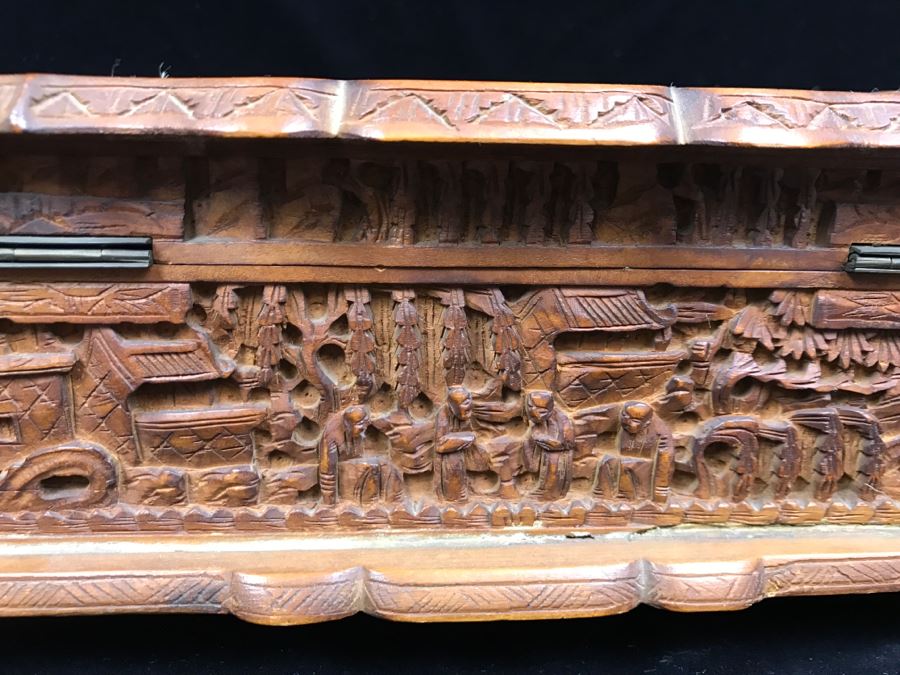 Intricately Relief Carved Wooden Asian Box [Photo 19]
