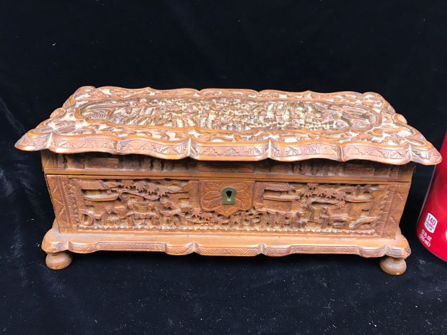 Intricately Relief Carved Wooden Asian Box [Photo 1]