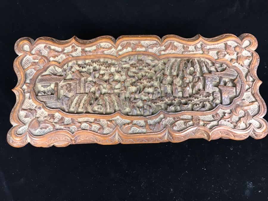 Intricately Relief Carved Wooden Asian Box [Photo 8]