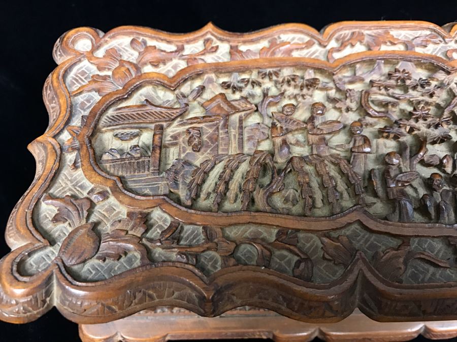 Intricately Relief Carved Wooden Asian Box [Photo 9]