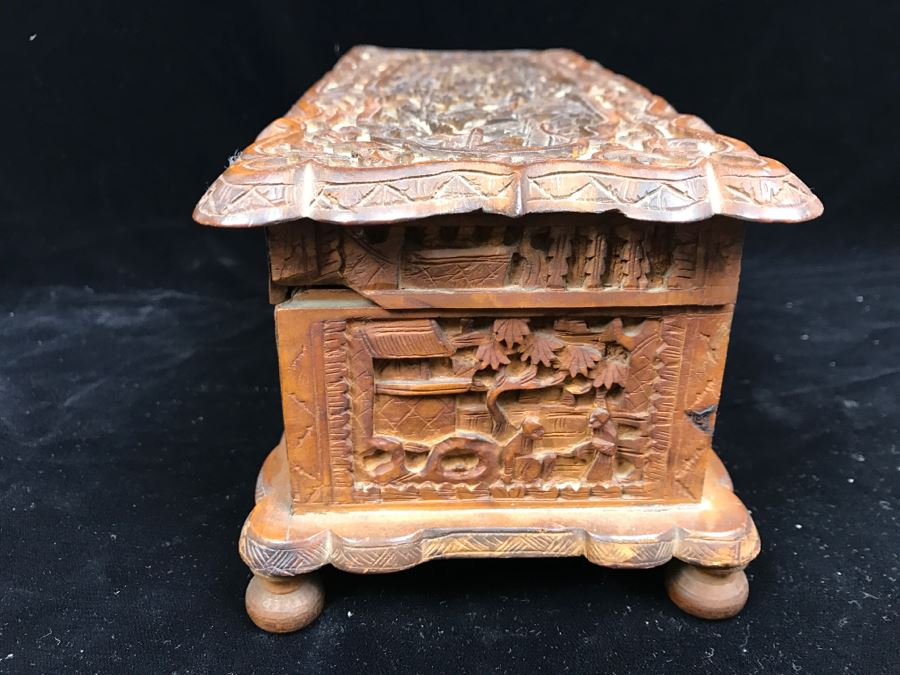 Intricately Relief Carved Wooden Asian Box [Photo 21]