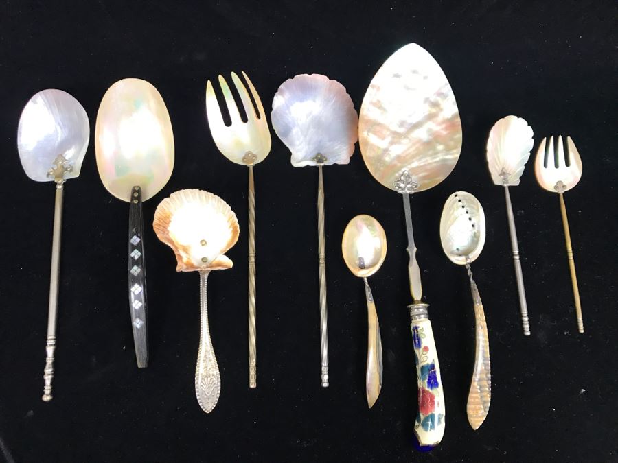 Set Of (10) Shell Utensils Spoons Forks [Photo 1]