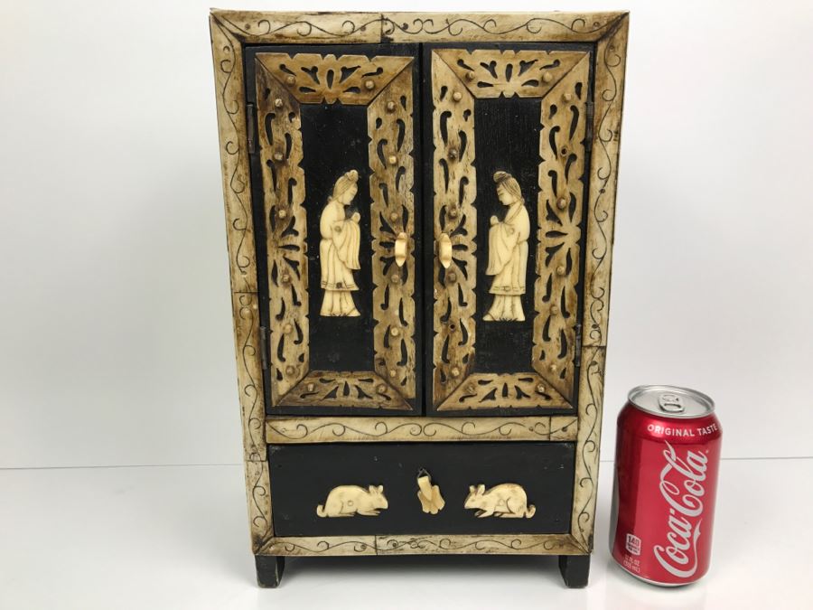 Chinese Wooden Jewelry Box With Bone Carved Embellishments