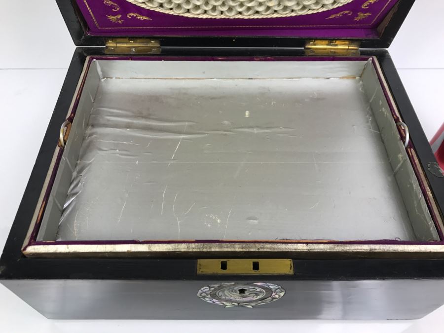 Antique Wooden Sewing Box With Intricate Mother Of Pearl Inlay On Top And Front [Photo 15]