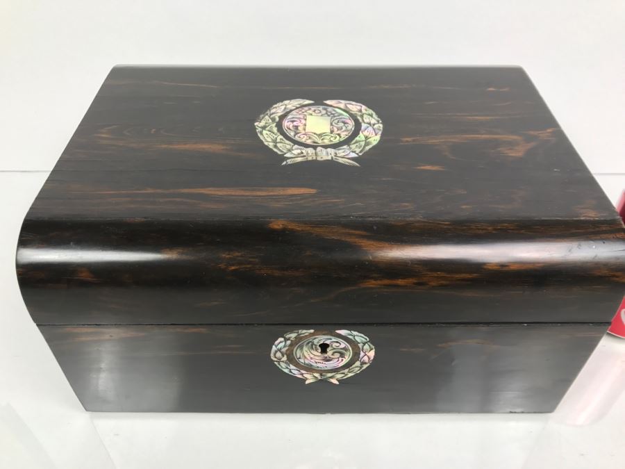 Antique Wooden Sewing Box With Intricate Mother Of Pearl Inlay On Top And Front [Photo 4]