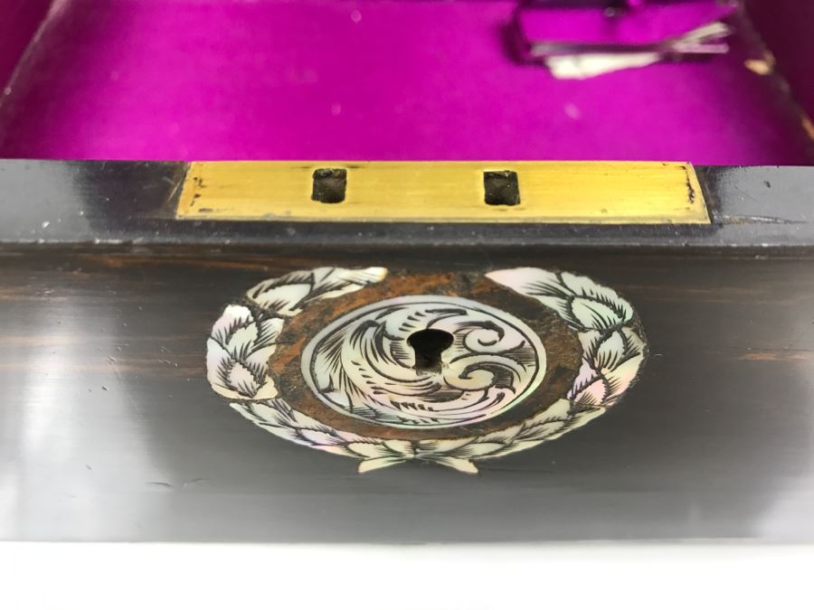 Antique Wooden Sewing Box With Intricate Mother Of Pearl Inlay On Top And Front [Photo 18]