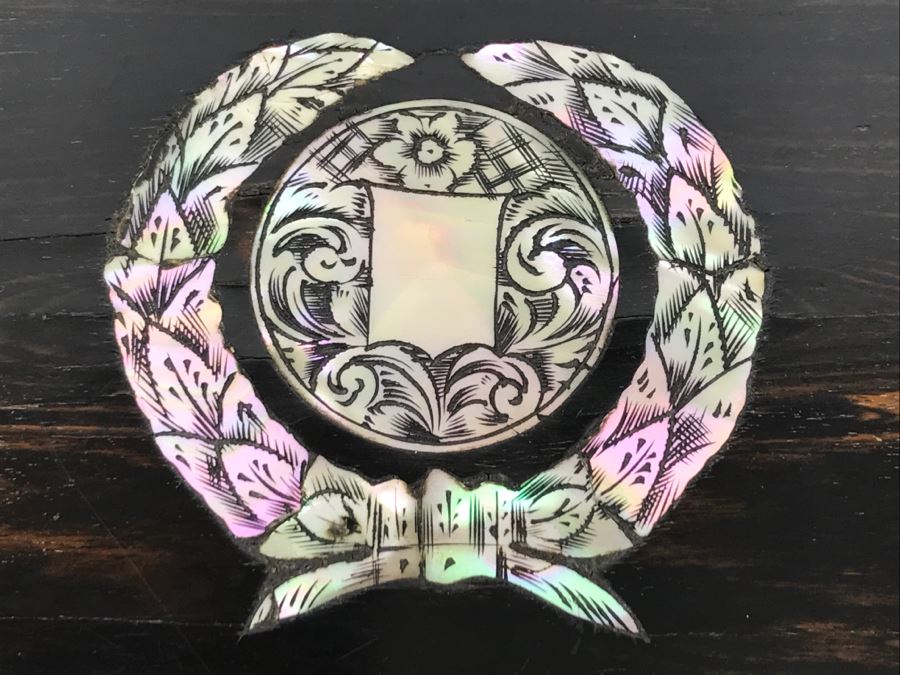 Antique Wooden Sewing Box With Intricate Mother Of Pearl Inlay On Top And Front [Photo 7]