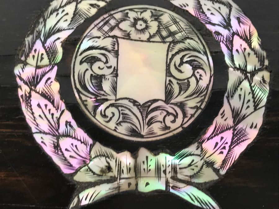 Antique Wooden Sewing Box With Intricate Mother Of Pearl Inlay On Top And Front [Photo 8]