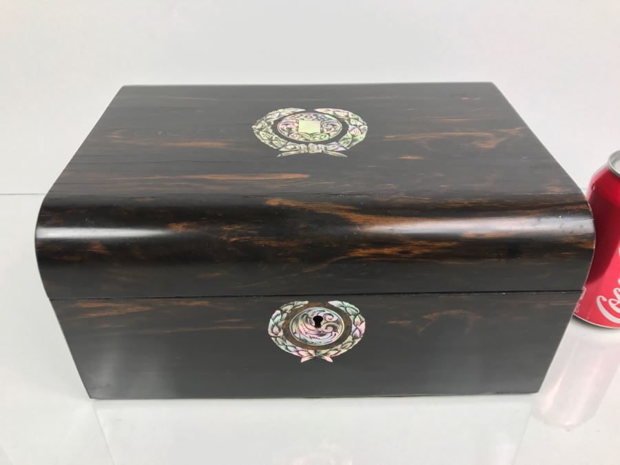 Antique Wooden Sewing Box With Intricate Mother Of Pearl Inlay On Top And Front [Photo 1]
