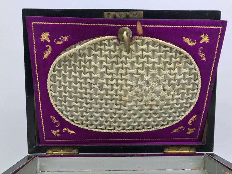 Antique Wooden Sewing Box With Intricate Mother Of Pearl Inlay On Top And Front [Photo 12]