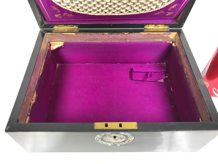 Antique Wooden Sewing Box With Intricate Mother Of Pearl Inlay On Top And Front [Photo 16]