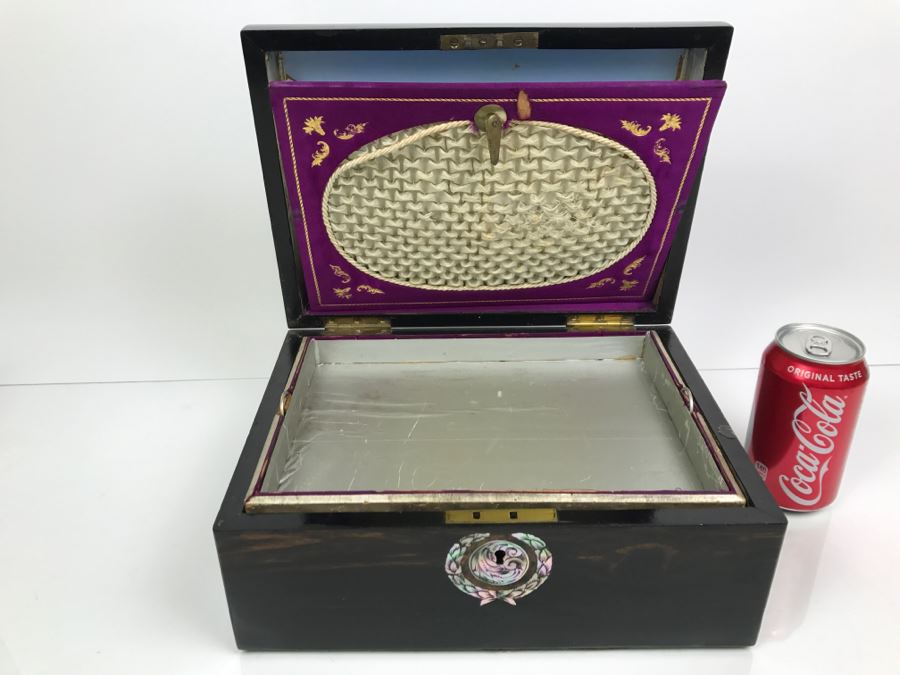 Antique Wooden Sewing Box With Intricate Mother Of Pearl Inlay On Top And Front [Photo 3]