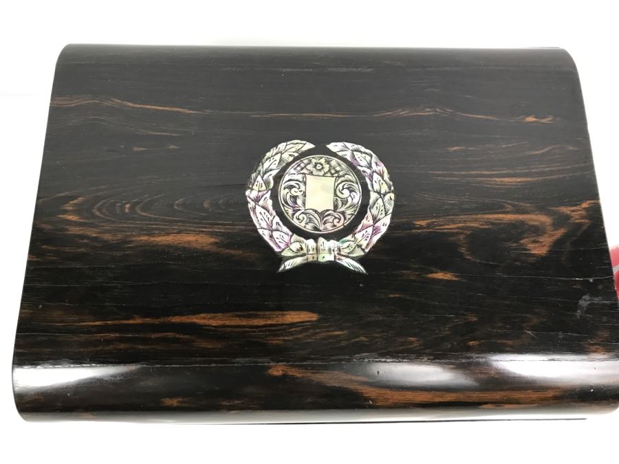 Antique Wooden Sewing Box With Intricate Mother Of Pearl Inlay On Top And Front [Photo 2]