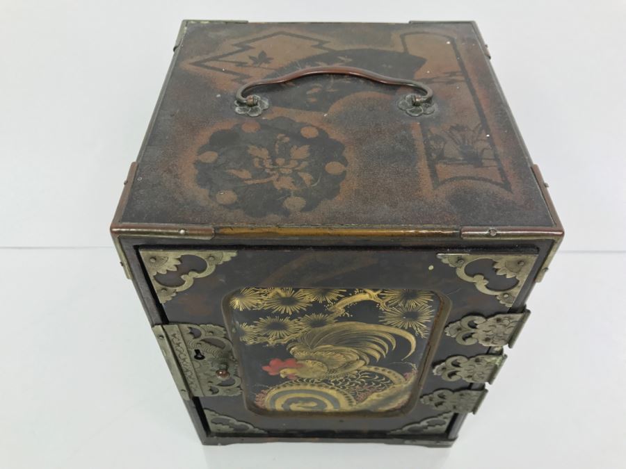 Antique Lacquer Asian Box With Rooster On Front - See Photos For Details [Photo 3]