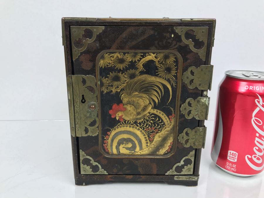 Antique Lacquer Asian Box With Rooster On Front - See Photos For Details