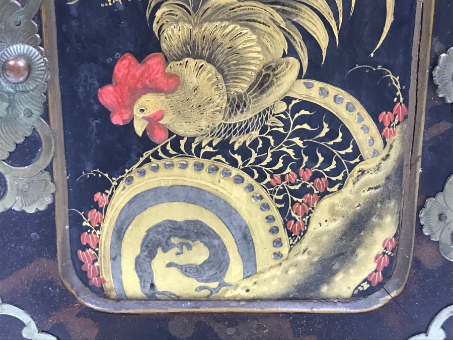 Antique Lacquer Asian Box With Rooster On Front - See Photos For Details [Photo 9]