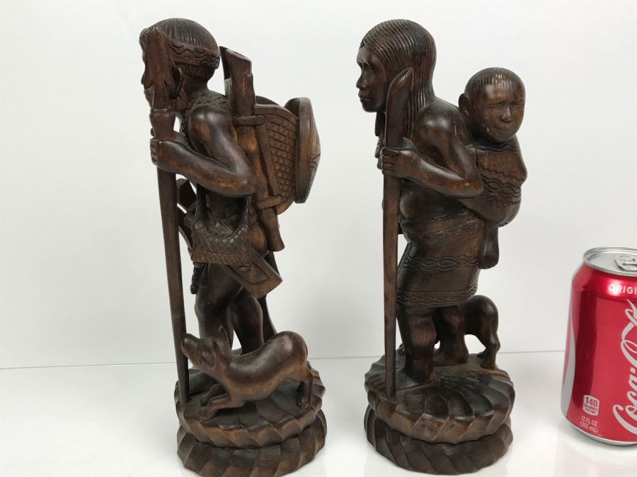 Pair Of Nicely Carved Figures Man Woman And Child With Dogs [Photo 2]