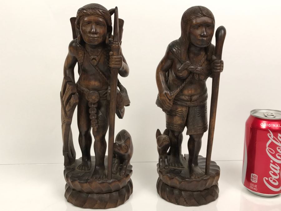 Pair Of Nicely Carved Figures Man Woman And Child With Dogs