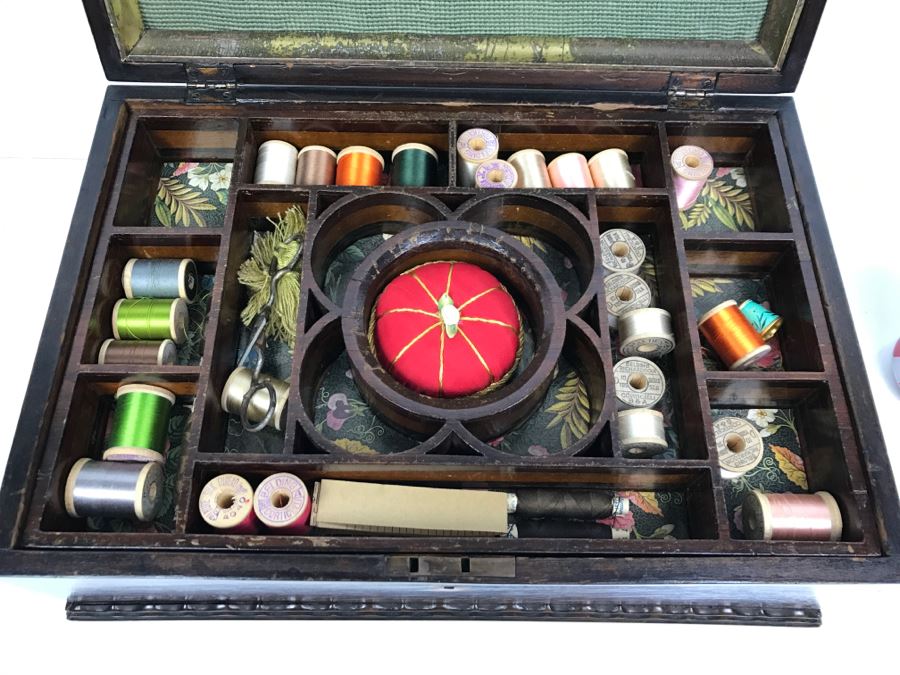 Antique Sewing Box With Needlepoint Filled With Vintage Sewing Supplies [Photo 5]
