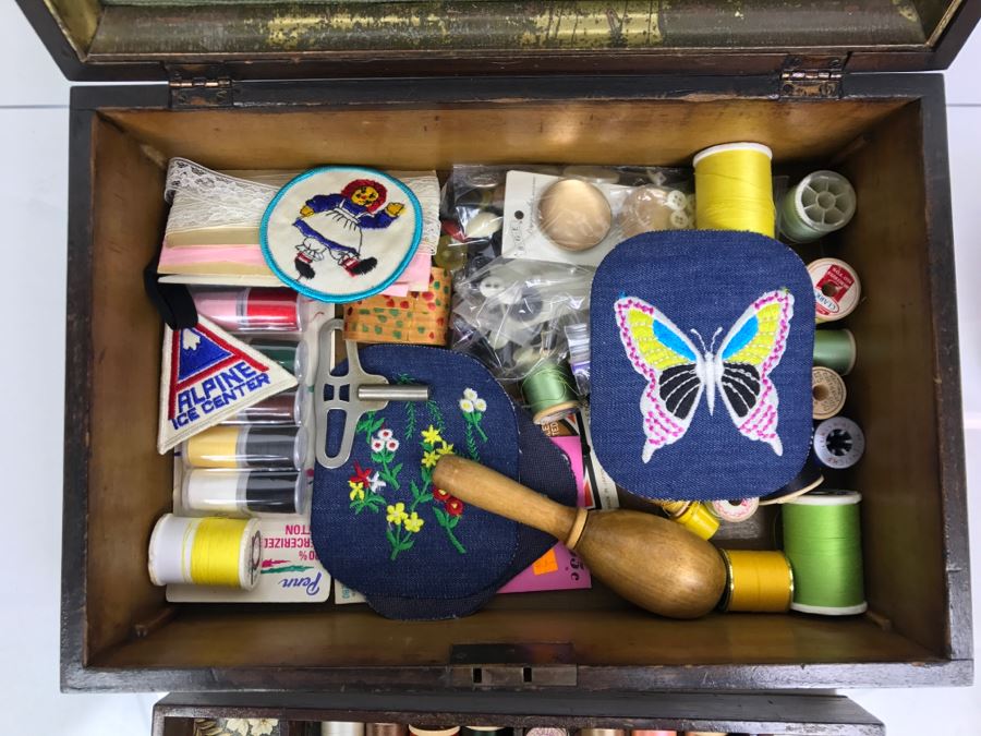 Antique Sewing Box With Needlepoint Filled With Vintage Sewing Supplies [Photo 14]