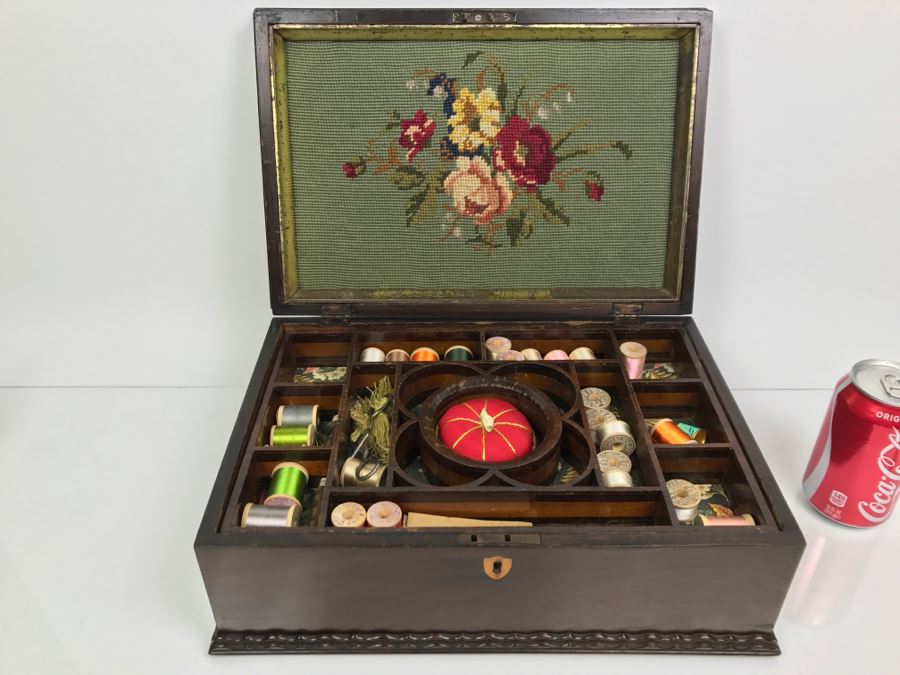 Antique Sewing Box With Needlepoint Filled With Vintage Sewing Supplies [Photo 4]