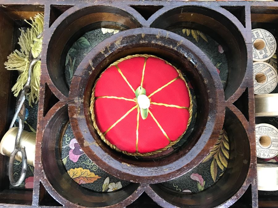 Antique Sewing Box With Needlepoint Filled With Vintage Sewing Supplies [Photo 8]