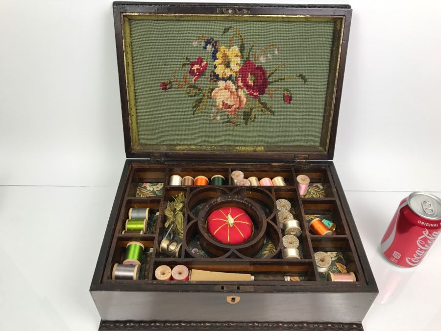 Antique Sewing Box With Needlepoint Filled With Vintage Sewing Supplies