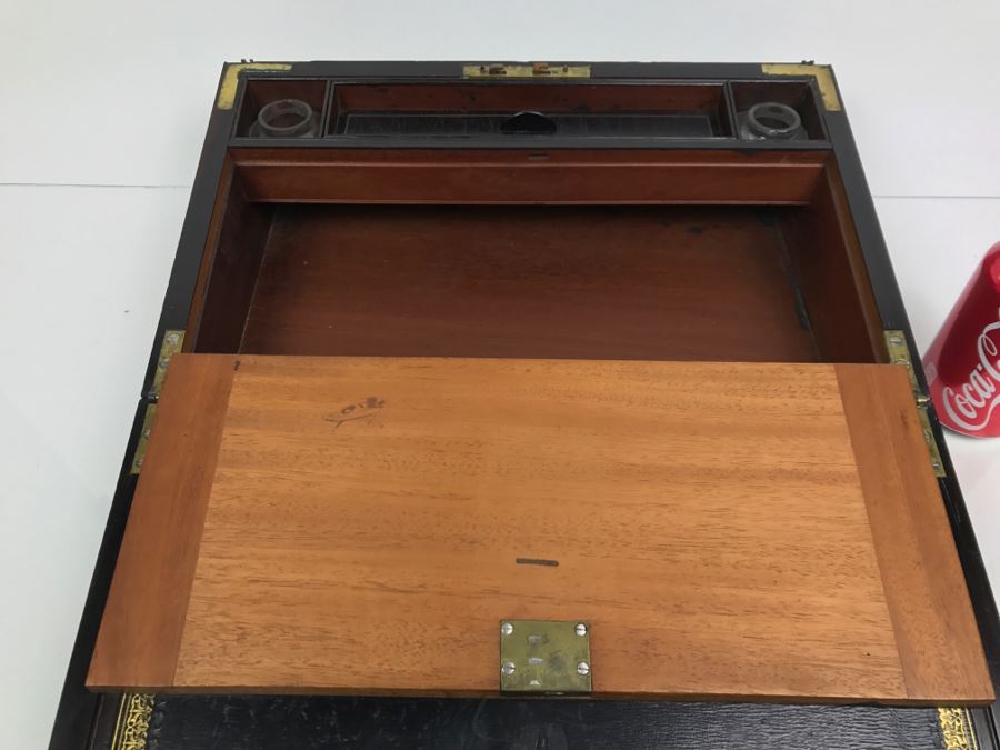Antique Portable Writing Desk With Lockable Compartment Only Have Key To Lockable Compartment Inside [Photo 8]