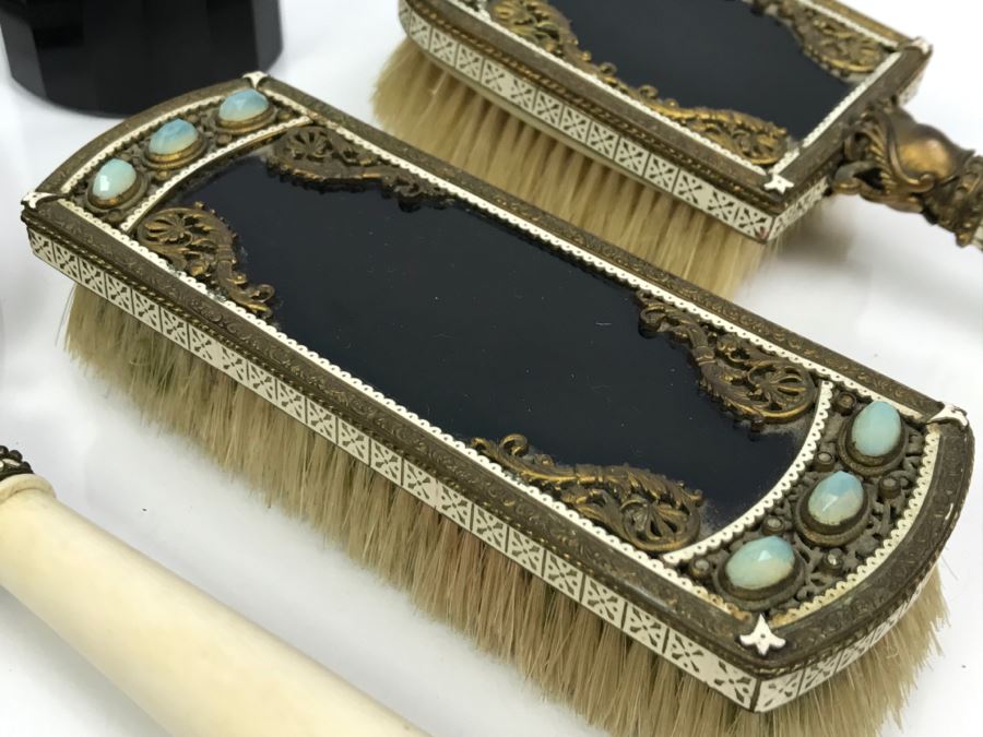 Antique Austrian Vanity Set With Vanity Mirror, Pair Of Brushes And Jar [Photo 9]