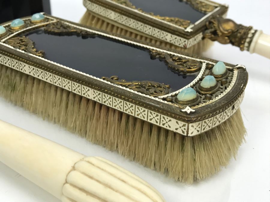 Antique Austrian Vanity Set With Vanity Mirror, Pair Of Brushes And Jar [Photo 8]