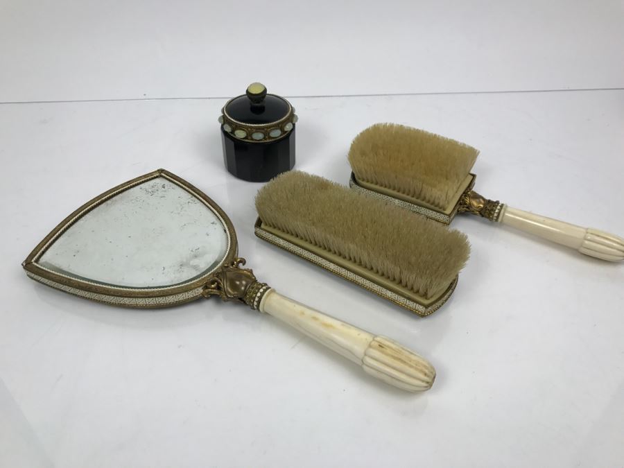 Antique Austrian Vanity Set With Vanity Mirror, Pair Of Brushes And Jar [Photo 19]