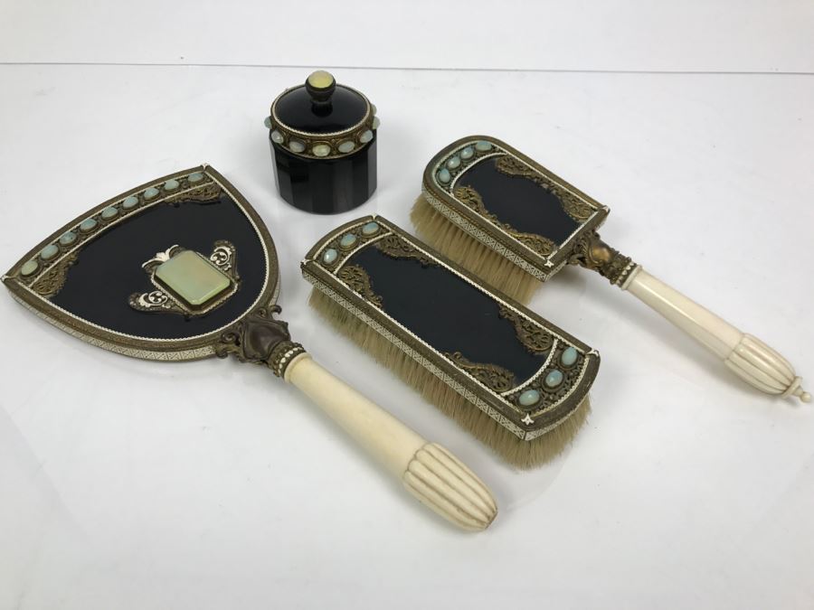 Antique Austrian Vanity Set With Vanity Mirror, Pair Of Brushes And Jar [Photo 6]