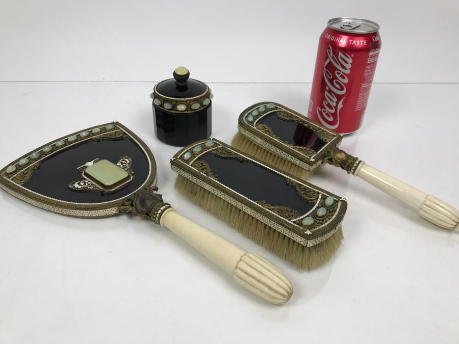 Antique Austrian Vanity Set With Vanity Mirror, Pair Of Brushes And Jar