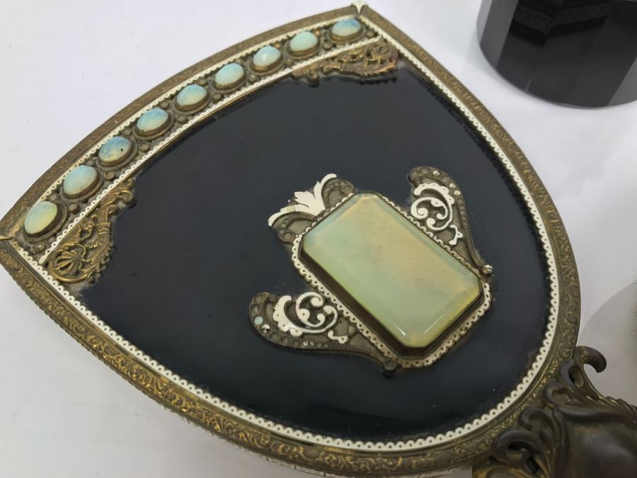 Antique Austrian Vanity Set With Vanity Mirror, Pair Of Brushes And Jar [Photo 2]