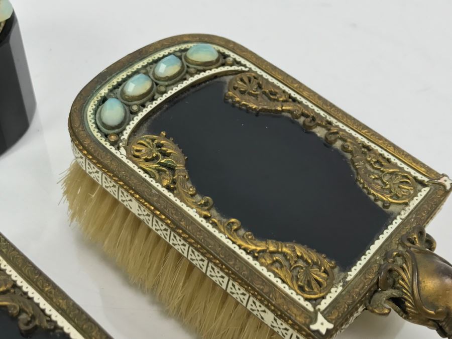 Antique Austrian Vanity Set With Vanity Mirror, Pair Of Brushes And Jar [Photo 12]