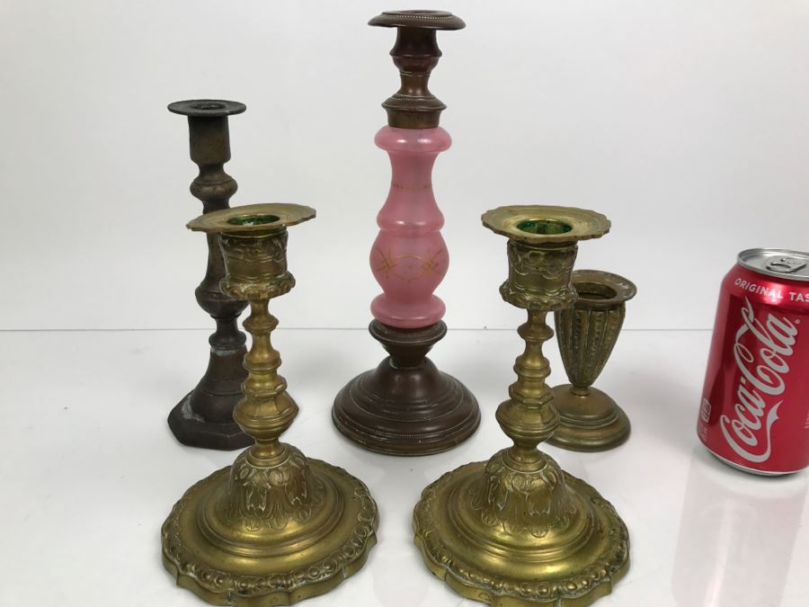 Set Of (5) Vintage Brass Candlesticks