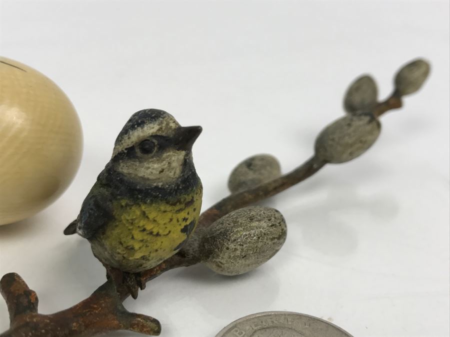 Signed Asian Carved Bird Hatching Out Of Egg And Vintage Metal Bird Figurine [Photo 6]