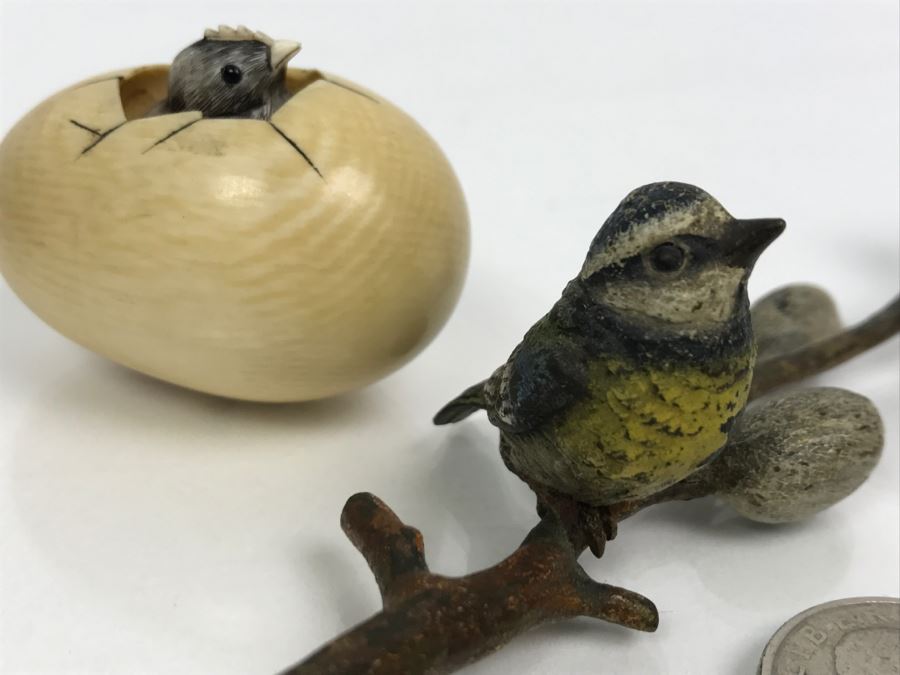 Signed Asian Carved Bird Hatching Out Of Egg And Vintage Metal Bird Figurine [Photo 7]