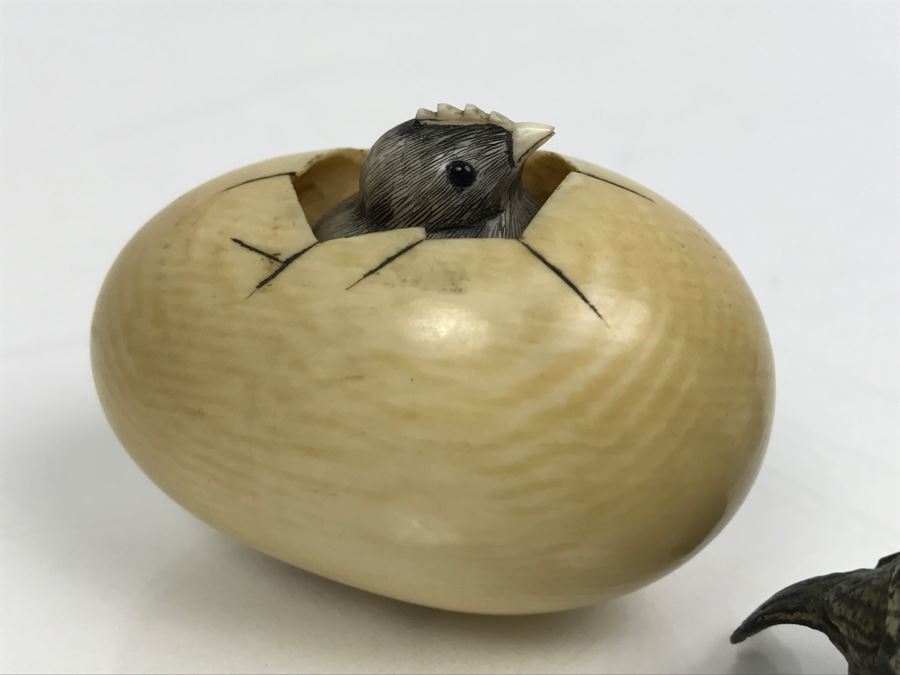 Signed Asian Carved Bird Hatching Out Of Egg And Vintage Metal Bird Figurine [Photo 4]