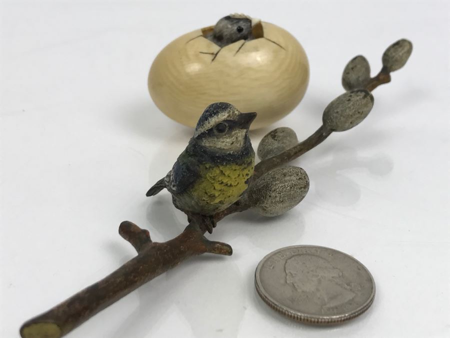 Signed Asian Carved Bird Hatching Out Of Egg And Vintage Metal Bird Figurine [Photo 10]