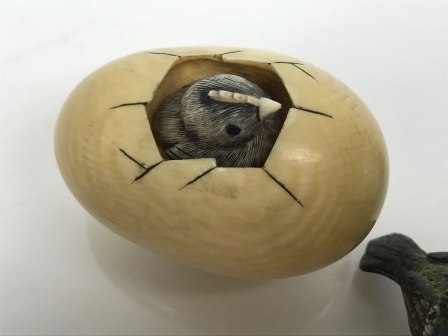 Signed Asian Carved Bird Hatching Out Of Egg And Vintage Metal Bird Figurine [Photo 3]